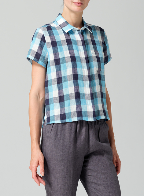 Linen Short Sleeve Mini-point Collar Shirt