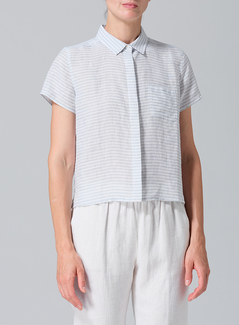 Linen Short Sleeve Mini-point Collar Shirt