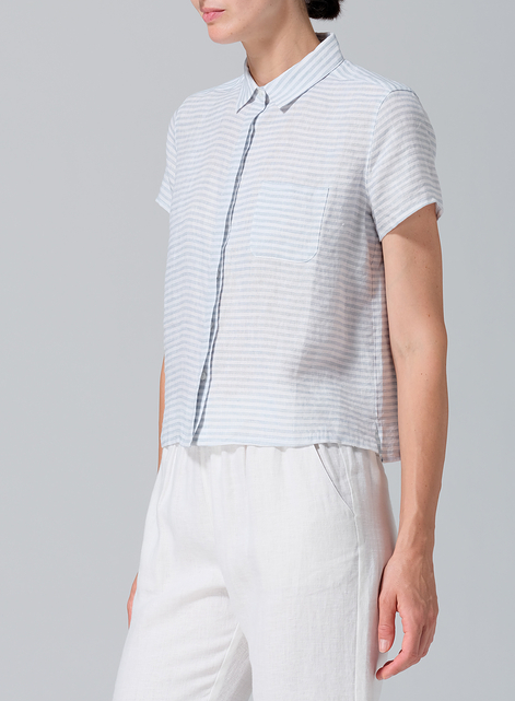 Linen Short Sleeve Mini-point Collar Shirt