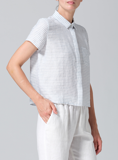 Linen Short Sleeve Mini-point Collar Shirt