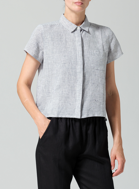 Linen Short Sleeve Mini-point Collar Shirt