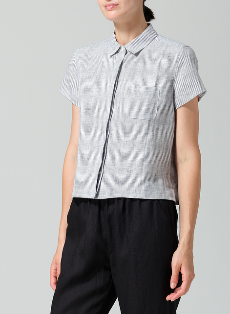 Linen Short Sleeve Mini-point Collar Shirt