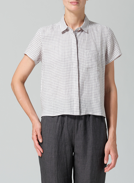 Linen Short Sleeve Mini-point Collar Shirt