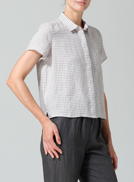 Linen Short Sleeve Mini-point Collar Shirt