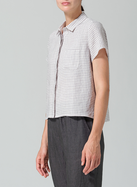 Linen Short Sleeve Mini-point Collar Shirt