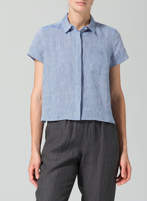 Linen Short Sleeve Mini-point Collar Shirt