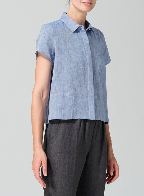 Linen Short Sleeve Mini-point Collar Shirt