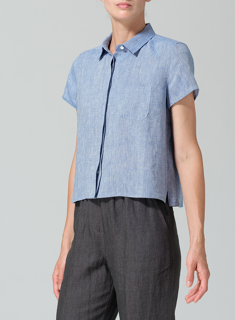 Linen Short Sleeve Mini-point Collar Shirt