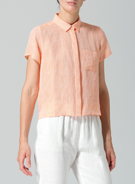 Linen Short Sleeve Mini-point Collar Shirt