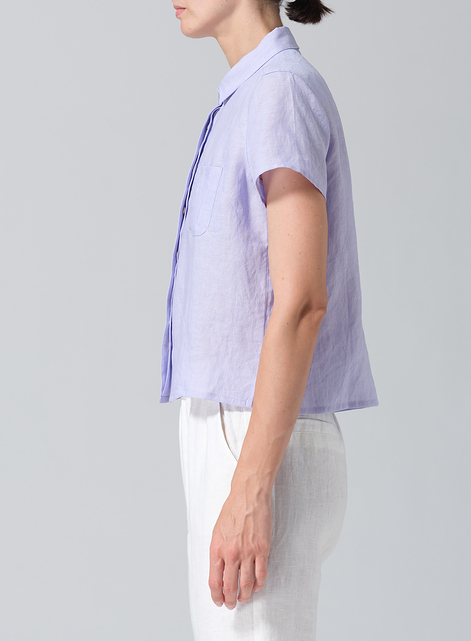 Linen Short Sleeve Mini-point Collar Shirt