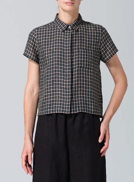 Linen Short Sleeve Mini-point Collar Shirt