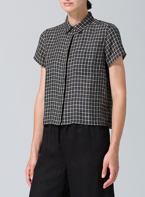 Linen Short Sleeve Mini-point Collar Shirt