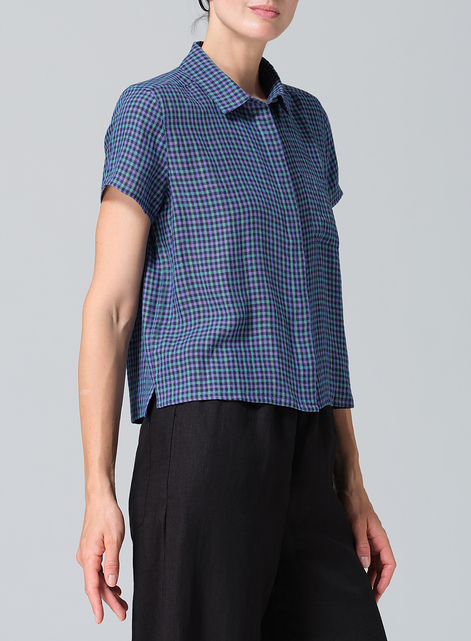 Linen Short Sleeve Mini-point Collar Shirt