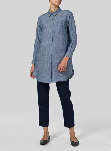 Linen L/S Solid Basic Button Front Long Blouse