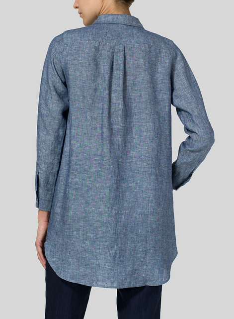 Linen L/S Solid Basic Button Front Long Blouse