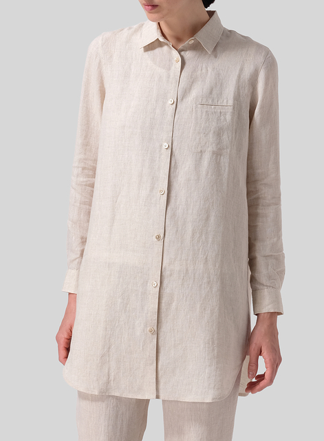 Linen L/S Solid Basic Button Front Long Blouse