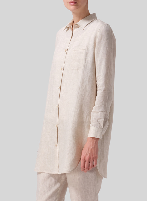 Linen L/S Solid Basic Button Front Long Blouse