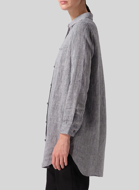 Linen L/S Solid Basic Button Front Long Blouse