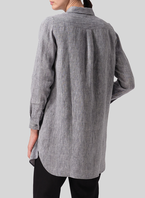 Linen L/S Solid Basic Button Front Long Blouse