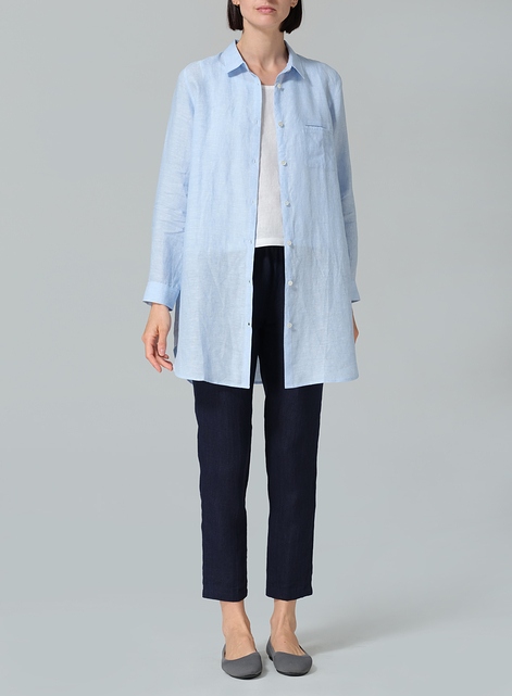 Linen L/S Solid Basic Button Front Long Blouse