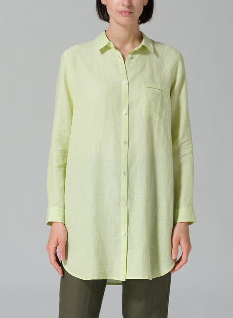 Linen L/S Solid Basic Button Front Long Blouse