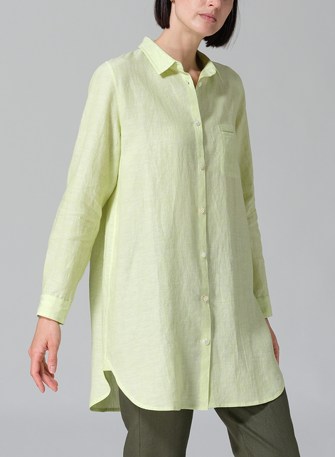 Linen L/S Solid Basic Button Front Long Blouse