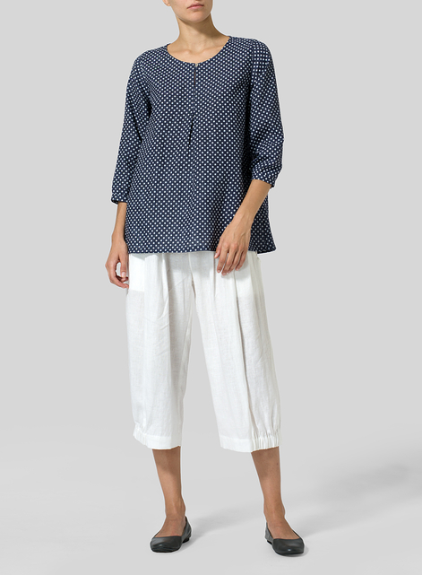 Linen Half Sleeve Inverted Front Pleat Blouse