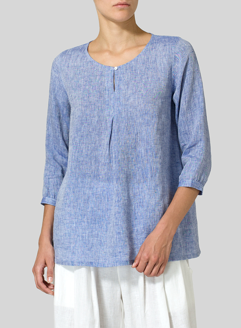 Linen Half Sleeve Inverted Front Pleat Blouse