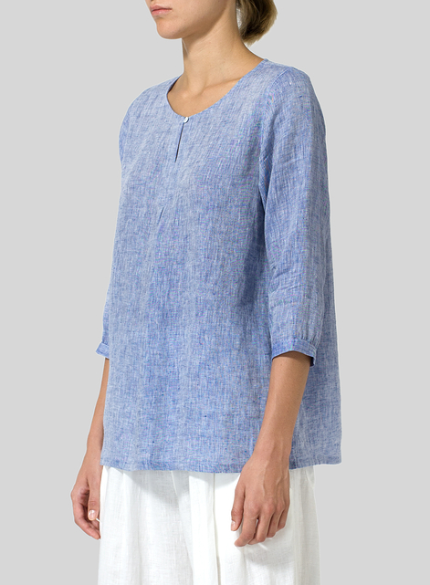 Linen Half Sleeve Inverted Front Pleat Blouse