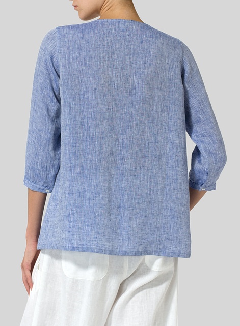 Linen Half Sleeve Inverted Front Pleat Blouse