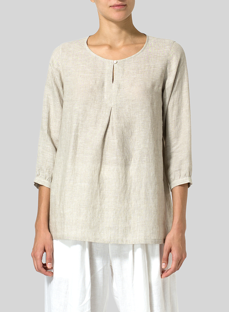 Linen Half Sleeve Inverted Front Pleat Blouse