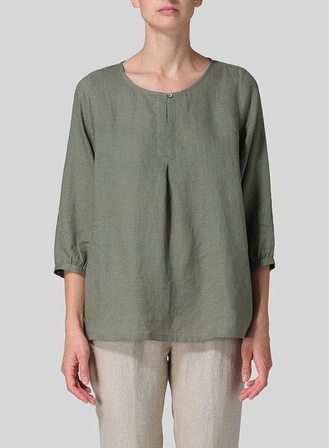 Linen Half Sleeve Inverted Front Pleat Blouse