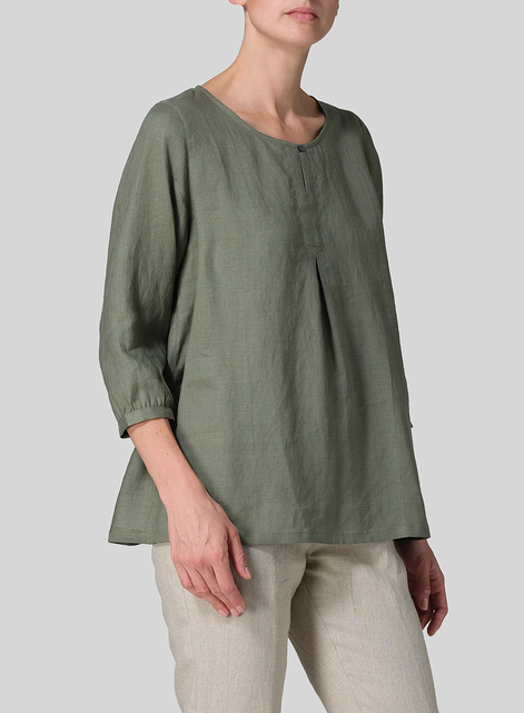 Linen Half Sleeve Inverted Front Pleat Blouse