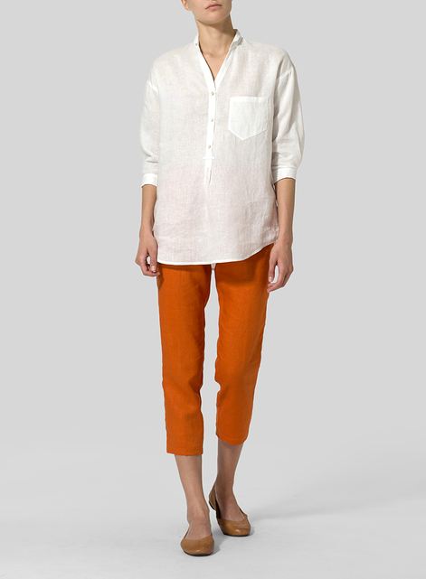 Linen Blouse With V-neck Mandarin Collar