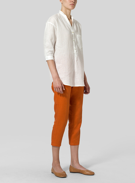 Linen Blouse With V-neck Mandarin Collar