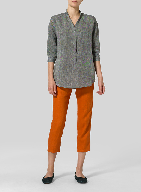 Linen Blouse With V-neck Mandarin Collar