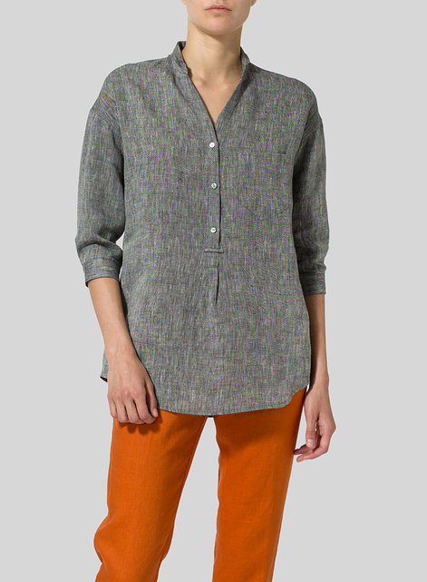 Linen Blouse With V-neck Mandarin Collar