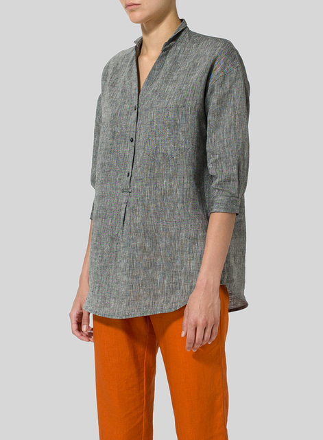 Linen Blouse With V-neck Mandarin Collar