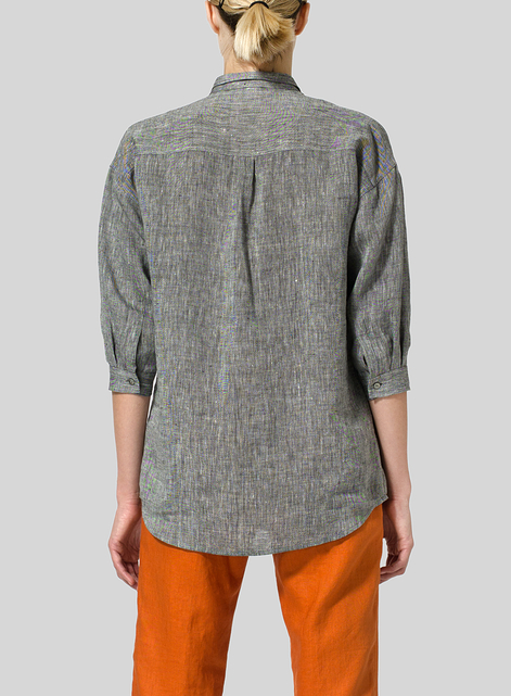 Linen Blouse With V-neck Mandarin Collar