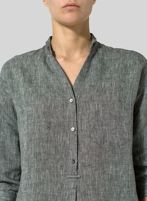 Linen Blouse With V-neck Mandarin Collar