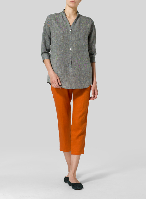 Linen Blouse With V-neck Mandarin Collar