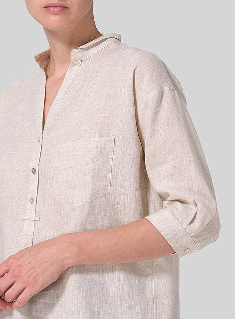 Linen Blouse With V-neck Mandarin Collar