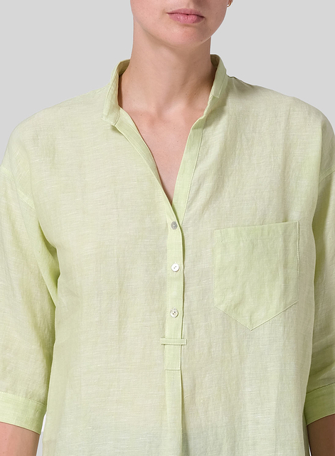 Linen Blouse With V-neck Mandarin Collar