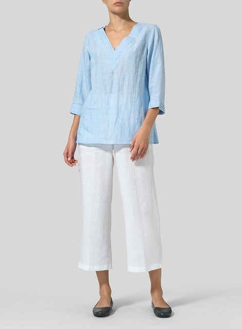 Linen V-neckline Pleated Top