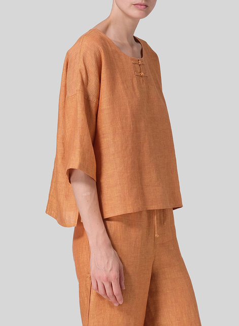 Linen Dropped Shoulder Handmade Knot Button Top