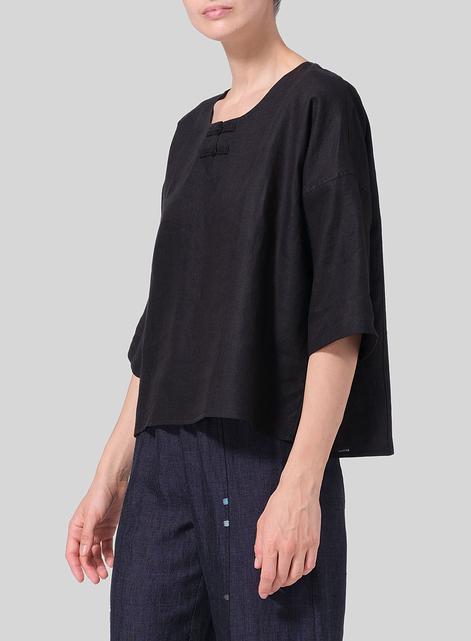 Linen Dropped Shoulder Handmade Knot Button Top