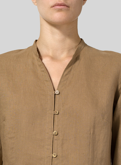 Linen V-neck Stand Collar Long Blouse