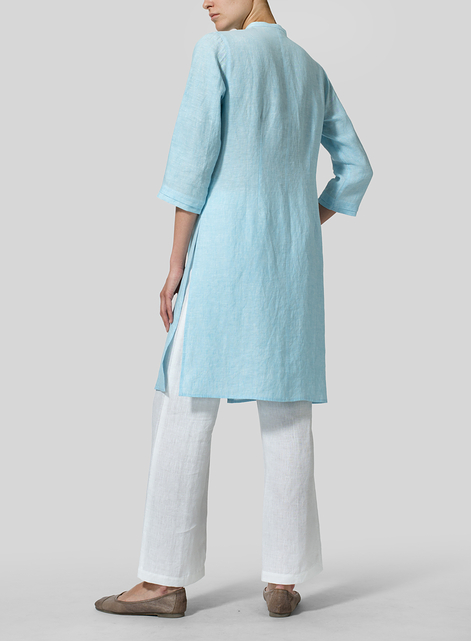 Linen V-neck Stand Collar Long Blouse