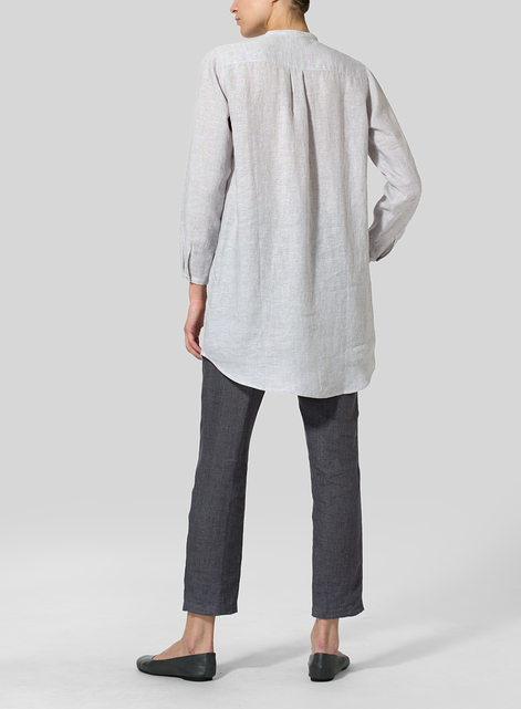 Linen Long Blouse With V-neck Mandarin Collar