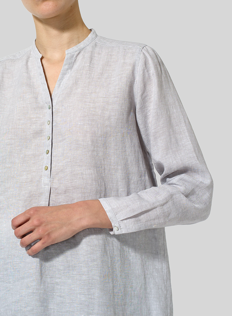 Linen Long Blouse With V-neck Mandarin Collar